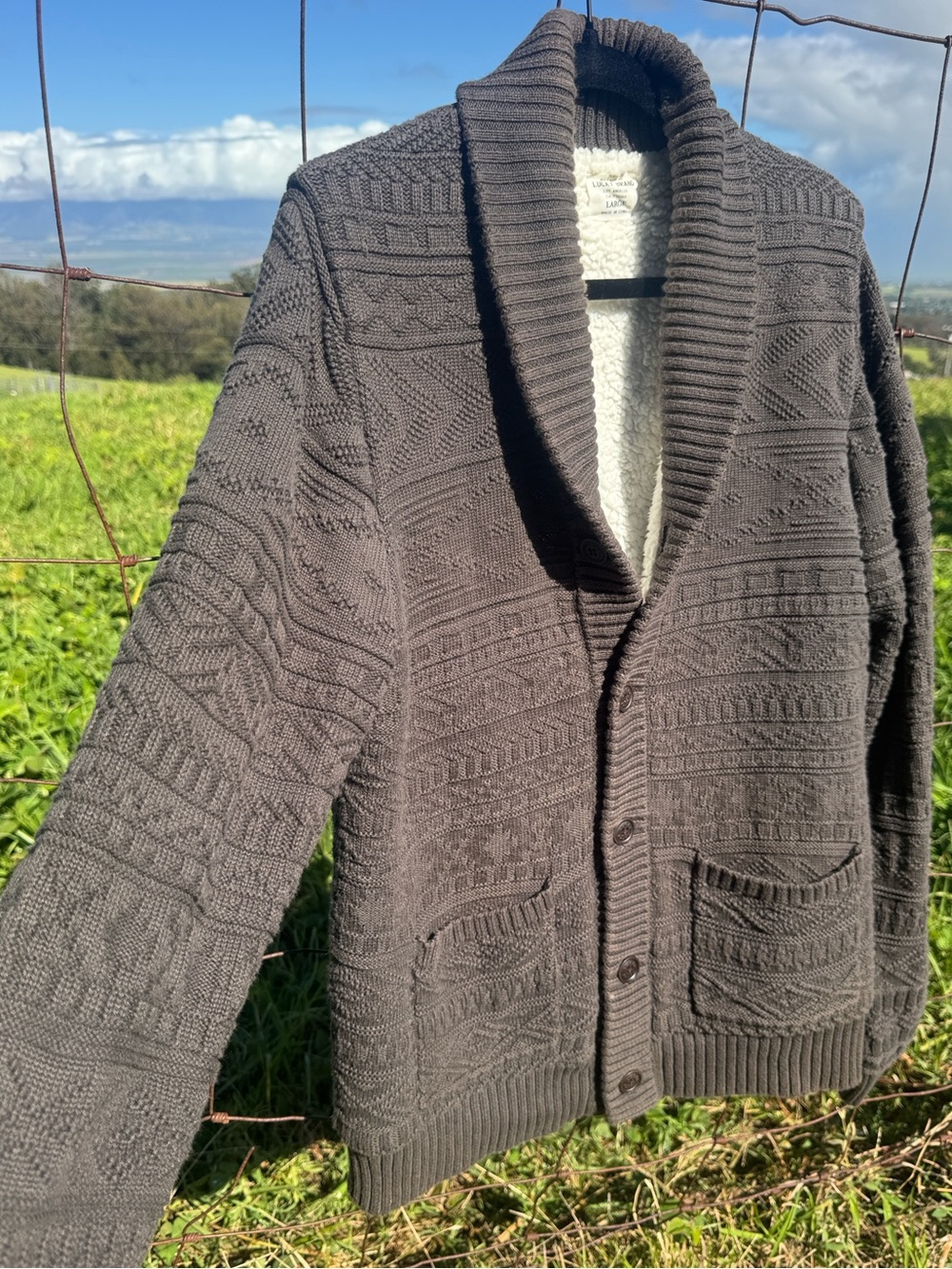 Lucky brand Men’s Sherpa Shawl Grandpa Cardigan sweater Brown large - Picture 2 of 7